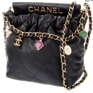 CHANEL VIP Black Quilted Leather Crossbody with Gold Chain and Colorful Charms